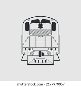 Diesel locomotive. Front view. Black and white illustration