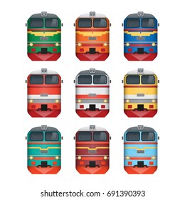 Diesel Locomotive. Front view. Illustration in different colors