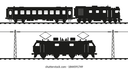 Diesel locomotive, passenger carriage and electric locomotive. Detailed vector silhouette.