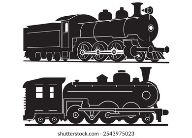 Diesel Locomotive, Passenger Carriage, and Electric Locomotive Vector Illustrations