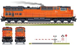 Diesel Locomotive  (Train #6). Elements (smoke, Ground, Signs, Locomotive Views) Are In The Separate Layers.