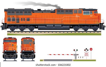 Diesel Locomotive  (Train #6). Elements (smoke, ground, signs, locomotive views) are in the separate layers.