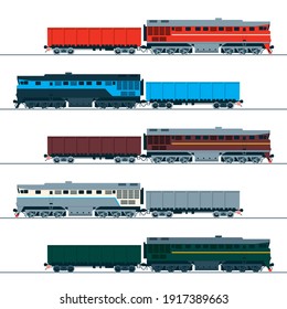 Diesel locomotive and wagon. Set of vector images. Side view.