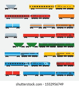 Diesel locomotives. A set of colored icons including various diesel locomotives and wagons