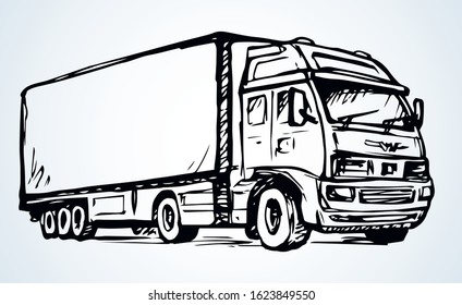 Diesel motor rig blank courier carry weighted supply view on white road text space. Outline black ink hand drawn old tire wheel van driver logo pictogram emblem design in modern art doodle print style