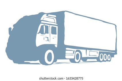 Diesel motor rig blank courier carry weighted supply view on white road text space. Outline black ink hand drawn old tire wheel van driver logo pictogram emblem design in modern art doodle print style