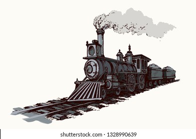 Diesel power moving engine isolated on white backdrop. Freehand outline brown ink hand drawn picture sketchy in art aged scribble style pen on paper. Side view with space for text on light beige sky