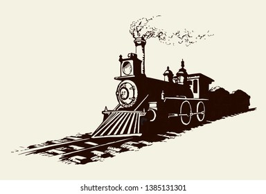 Diesel power moving engine isolated on white backdrop. Freehand outline black ink hand drawn sign logo emblem pictogra sketchy in art aged scribble style on paper. Side view with space for text on sky
