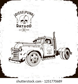 diesel punk hot rod truck, isolated, black logo, monogram vector arts, t-short sticker, kustom kulture, post apocalypse car, zombie war truck