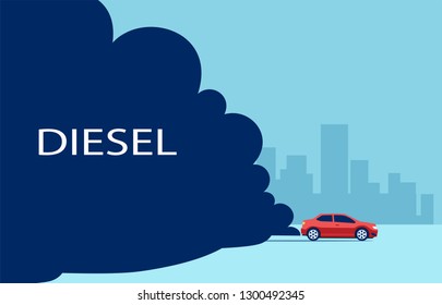 Concepto de escándalo diesel. Vector de un camión que emite un humo oscuro sobre un fondo paisajístico de la ciudad