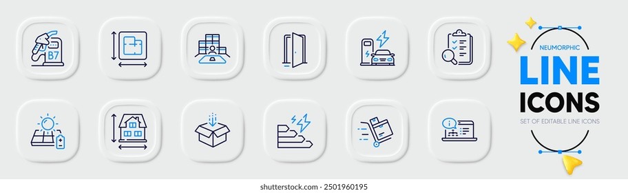 Estación diesel, crecimiento de consumo e iconos de línea de Carrito de inventario para App de Web. Paquete de inventario, estación de carga, iconos del pictograma del panel solar. Documentación en línea, Plan de planta. Vector