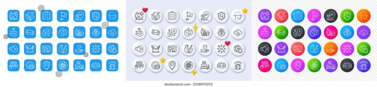 Diesel station, Face scanning and Coffee beans line icons. Square, Gradient, Pin 3d buttons. AI, QA and map pin icons. Pack of Bid offer, Furniture, Greenhouse icon. Vector