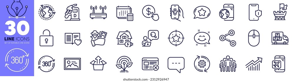 Diesel station, Mobile internet and Computer mouse line icons pack. Inspect, Outsourcing, Flight mode web icon. Shield, Full rotation, Favorite chat pictogram. Send box, Home charging. Vector