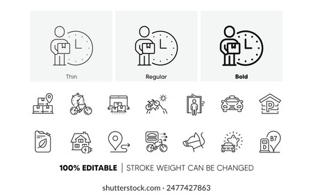 Estación diesel, bicicleta de montaña e iconos de línea de entrega. Paquete de revisión de coches, viaje, icono del ascensor. Entrega de alimentos, carga en el hogar, pictograma de estacionamiento. Temporizador de bicicletas, Almacenamiento en línea, Correa de perro. Vector