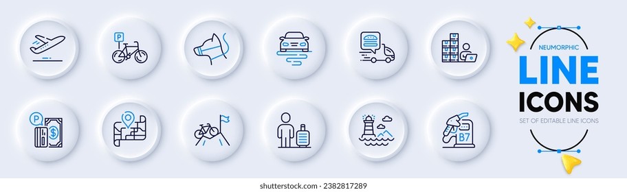 Diesel station, Parking payment and Bicycle parking line icons for web app. Pack of Baggage, Plane, Food delivery pictogram icons. Map, Route, Lighthouse signs. Inventory, Dog leash. Vector
