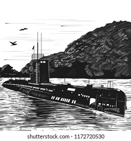 Diesel submarine of post-war construction. Russian nuclear submarine boat. Engraving retro style. Black and white vector illustration.