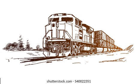 Diesel Train With Cargo Containers. Hand Drawn Sketch