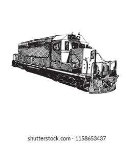 Diesel train, hand drawn doodle sketch, isolated vector outline illustration
