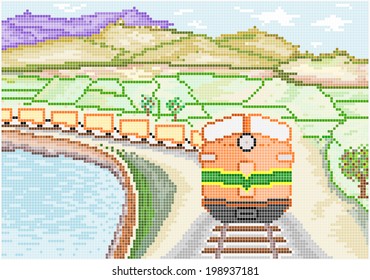 Diesel Train on Countryside - An illustration of a vintage diesel train running through the green countryside of mountains and lakes. Square pixels of various colors have been used.