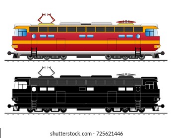 Diesel-electric locomotive and railroad tracks. Silhouette. Icon. Vector isolated on white background illustration

