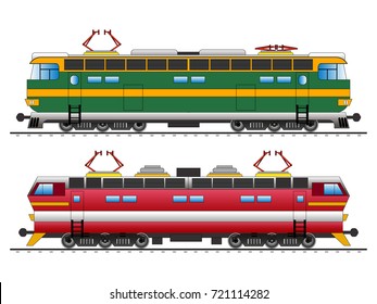 Diesel-electric locomotives and railroad tracks. Set. Icon. Vector, isolated on white.