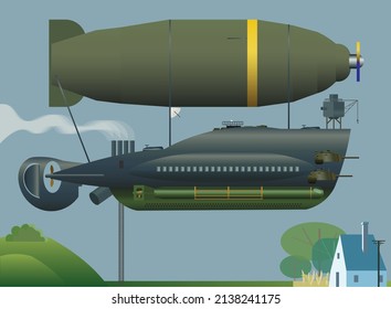 Dieselpunk or steampunk military zeppelin loating above the european village, vector illustration