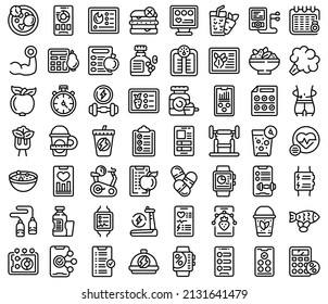 Diet app icons set outline vector. Fat plan. Body calorie