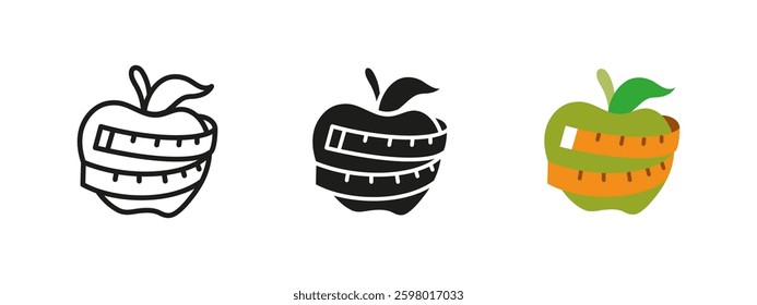 Diet apple icon. Healthy nutrition vector illustration. Symbol of weight loss, diet and wellness. Apple wrapped with measuring tape pictogram. Fitness, healthy eating, metabolism or body shape concept