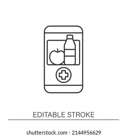  Diet Application Line Icon. Nutrition Therapy Online. Tele Diet Website, Application. Nutritionist Virtual Consultation. Telehealth Concept. Isolated Vector Illustration. Editable Stroke