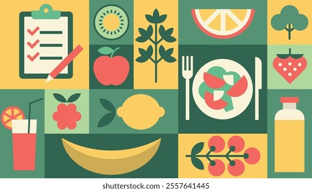 Diet background geometric vector, healthy food, fruits, vegetables vegetarian menu, packaging