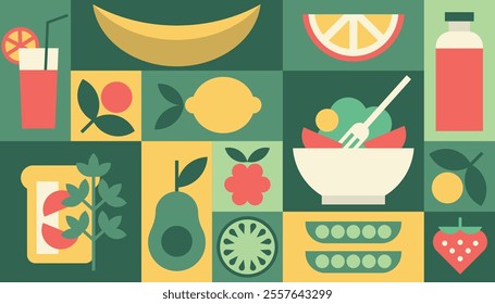Diet background geometric vector, healthy food, fruits, vegetables vegetarian menu, packaging