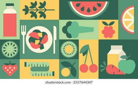 Diet background geometric vector, healthy food, fruits, vegetables vegetarian menu, packaging