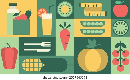 Diet background geometric vector, healthy food, fruits, vegetables vegetarian menu, packaging