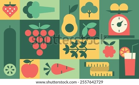 Diet background geometric vector, healthy food, fruits, vegetables vegetarian menu, packaging