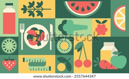 Diet background geometric vector, healthy food, fruits, vegetables vegetarian menu, packaging