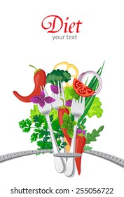 Diet. Background with vegetables and measuring tape