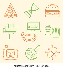 Diet and behavior as a cause of obesity. material design icon set. outline vector illustration