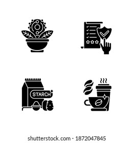 Diet black glyph icons set on white space. Regulatory compliance. Caffeine in drinks. Starch in food. Antioxidant for dietary. Healthy eating. Silhouette symbols. Vector isolated illustration