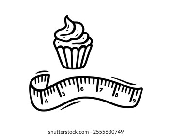 Diet black icon. Weight loss vector symbol. Cupcake with measuring tape as a concept for losing weight. Vector icon for web graphic design. Vector illustration. Sport icon