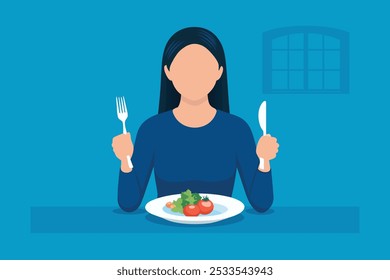 Dieta en cara aburrida, mujer joven asiática hermosa infeliz, niña a dieta, tenedor de tenedor en el tomate en el plato de la ensalada, disgusto o cansado con comer verduras frescas Ilustración vectorial plana