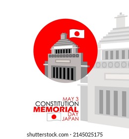 The Diet building in Tokyo in the red circle the symbol of the Japanese flag with bold texts,  Constitution Memorial Day on May 3