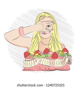 diet. bury your eyes for sweets. diet and strawberry cake. Vector illustration on white isolated background. sketching style