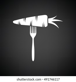 Diet carrot on fork icon. Black background with white. Vector illustration.