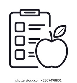 Diet chart line icon, checklist and apple in outline style.