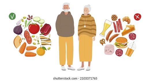 Diet Choice During In Old Age. Healthy Food And Junk Food. Food For Elderly People. Senior Man And Woman Chooses To Benefit Their Health. Healthy And Unhealthy Nutrition For Elderly Concept