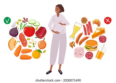 Diet choice during pregnancy. Healthy food and Junk food. Food for pregnant woman. Pregnant woman chooses to benefit her and child health. Healthy and unhealthy food during pregnancy concept