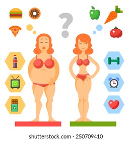 Diet. Choice of girls: being fat or slim. Healthy lifestyle and bad habits. Vector flat illustrations