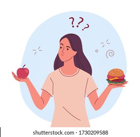 Diet choice. Vector illustration of young slim woman with an apple in one hand and a hamburger in another, thinking what is better to eat. Isolated on background