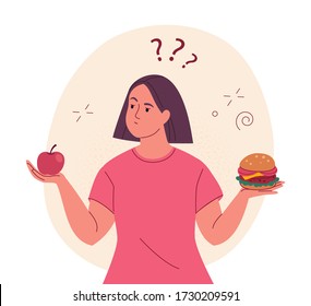 Diet choice. Vector illustration of young overweight  woman with an apple in one hand and a hamburger in another, thinking what is better to eat. Isolated on background