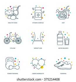 Diet colorful vector icons set, line style